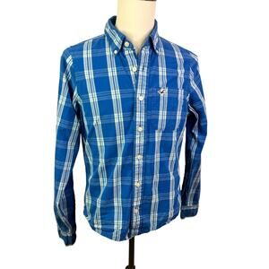 Hollister Button Up Shirt Mens large Blue Plaid Long Sleeve y2k long tag